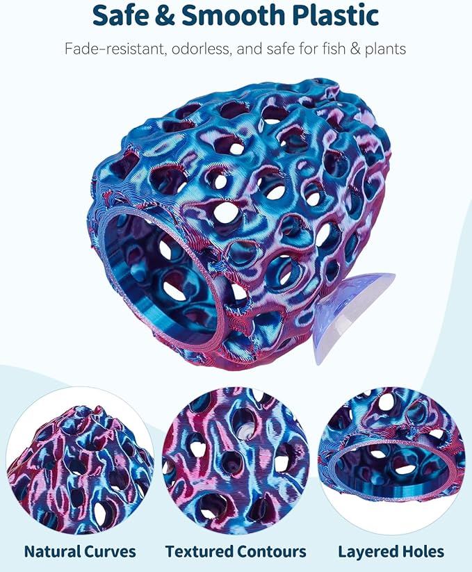 Uniclife Shrimp Hides for Aquariums, Realistic Plastic Aquarium Coral Rock Decorations with Suction Cups, Blue-Violet