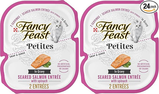 Fancy Feast Purina Petites Seared Salmon Entree with Spinach in Gravy Gourmet Wet Cat Food - 2.8 oz. Tubs,(Pack of 24)