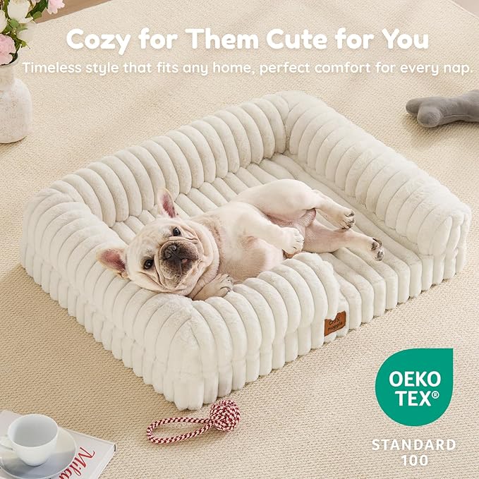 ChiXnuggle Orthopedic Dog Bed with Bolster Sides for Sleeping, Fluffy Plush Rectangular Dog Bed Medium Sized Dog, Luxury Striped Faux Fur Waterproof Dog Couch with Removable Washable Cover, Cream