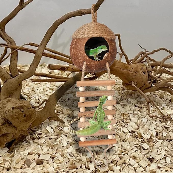 5 PCS Gecko Tank Accessories,Gecko Coconut Hide with Ladder Reptile Terrarium Plants Hammock Climbing Flexible Jungle Vine Tank Decor for Crested Gecko,Baby Bearded Dragon,Chameleon,Snake