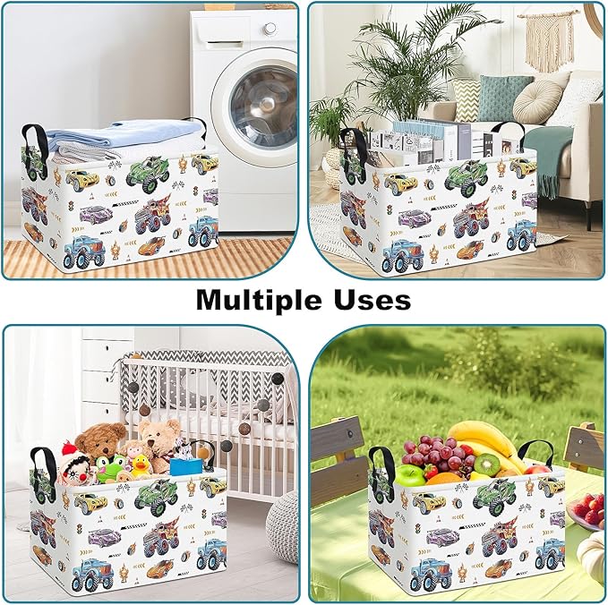 Rectangular Monster Truck Basket Storage Bins,Nursery Hamper Canvas Laundry Basket Foldable with Waterproof PE Coating for Kids, Office, Bedroom, Clothes,Toys(Rec-Monster Truck