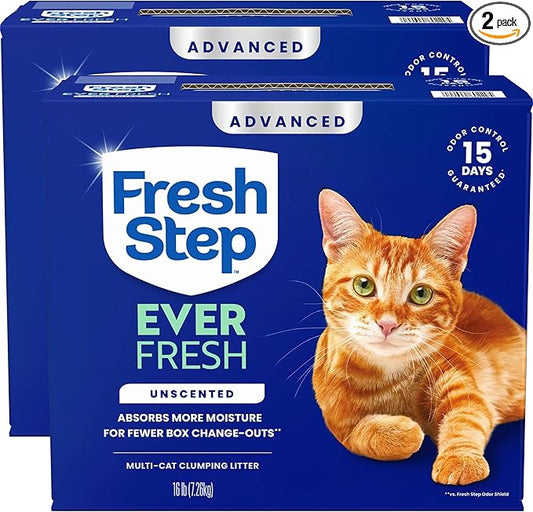 Fresh Step Advanced Ever Fresh Multi Cat Clumping Cat Litter, Unscented, Low Dust, Odor Control with Ammonia Block Tech, Compatible in Automatic Litter Boxes, 32 lb. (2 x 16 lb.)