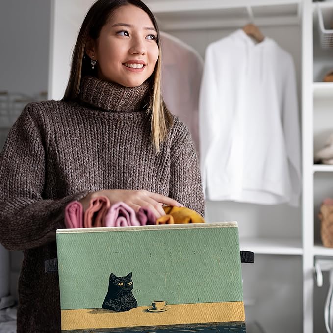 Vintage Coffee Black Cat Storage Bin Box, Cat Lover Mom Lady Grandma Gifts Collapsible Storage Basket Organizer for Bedroom Bathroom Home Clothes Toys Books, Toybox for Girls