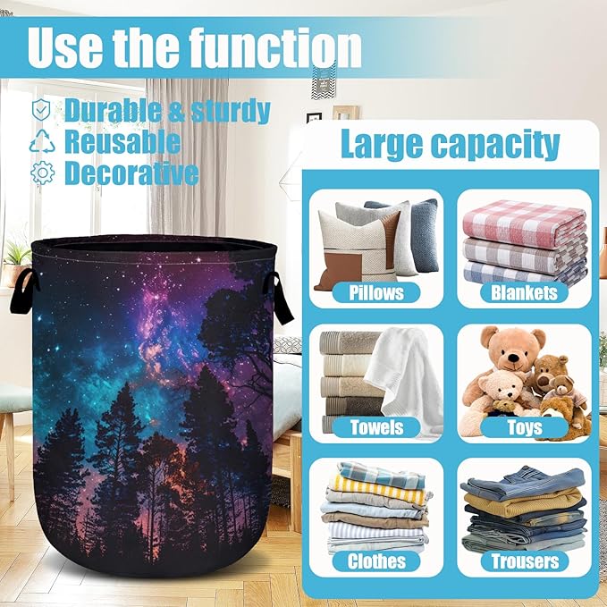 Purple Galaxy Forest Laundry Basket, Laundry Hamper Collapsible Oxford Cloth with Handle Clothes Storage Bin for Bathroom Laundry Room Bedroom 15.7 X 20 Inch