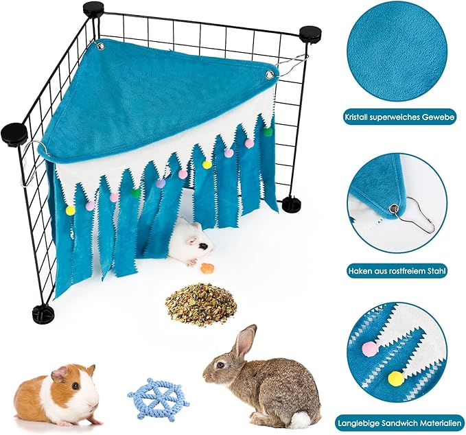 Guinea Pig Hideout - Guinea Pig Corner Hideout, Three-Sided Fringes, Triangle Top and Washable Hides, Suitable Hides for Rabbit and Other Small Pets, No Metal Fences, Blue