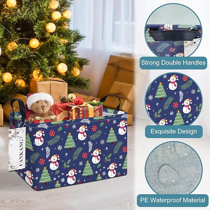Storage Bins,Christmas Nursery Hamper Canvas Laundry Basket Foldable with Waterproof PE Coating Storage Baskets for Boys and Girls, Office, Bedroom,Toys(Rec-Christmas snowman ）