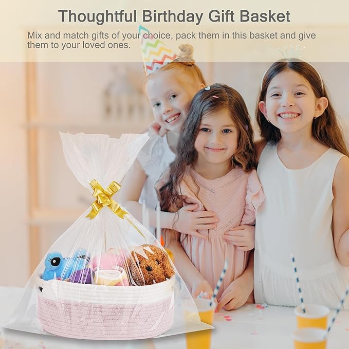 Small Woven Basket with Gift Bags and Ribbons, Empty Baby Gift Baskets, Shelf Storage, Small Cat Dog Pet Toy Boxes, 13”x 9”x 5.5”, Light Pink