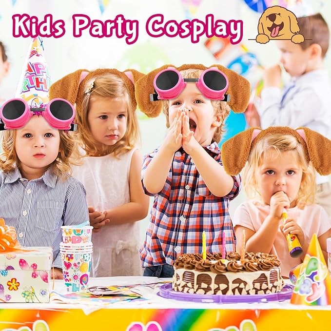 Dog Ear Headband Pink Steampunk Goggles,Halloween Brown Dogs Ears Headbands Paw Themed Costume Accessories for Women,Girls Cosplay Party Decorations