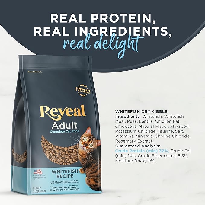 Reveal Natural Adult Dry Cat Food, High Protein, Grain Free with Added Vitamins & Minerals, Complete & Balanced Nutrition for Cats, Whitefish Recipe (3 Pound Bag)