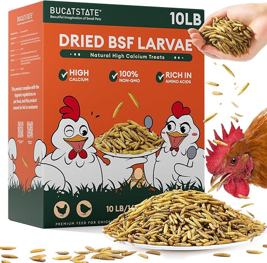 BUCATSTATE 10LB Dried Black Soldier Fly Larvae | 85x More Calcium Than mealworms | High Protein Non-GMO BSFL Treats for Chickens, Ducks, Wild Birds, Reptiles, Hedgehogs & Pond Fish