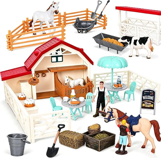 Peagprav Horse Club Riding Arena 71-Piece, Horse Stable Toys Playset, Farmmer Figures,Farm Animal Figurine, Coffee Shop, Barn with Fence Toys for 3-7 Years Old Kids Boys Girls Toddlers