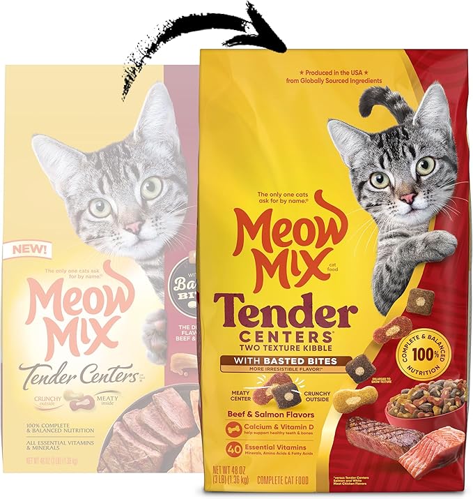 Meow Mix Tender Centers with Basted Bites, Beef & Salmon Flavors, Dry Cat Food, 3 lb. Bag