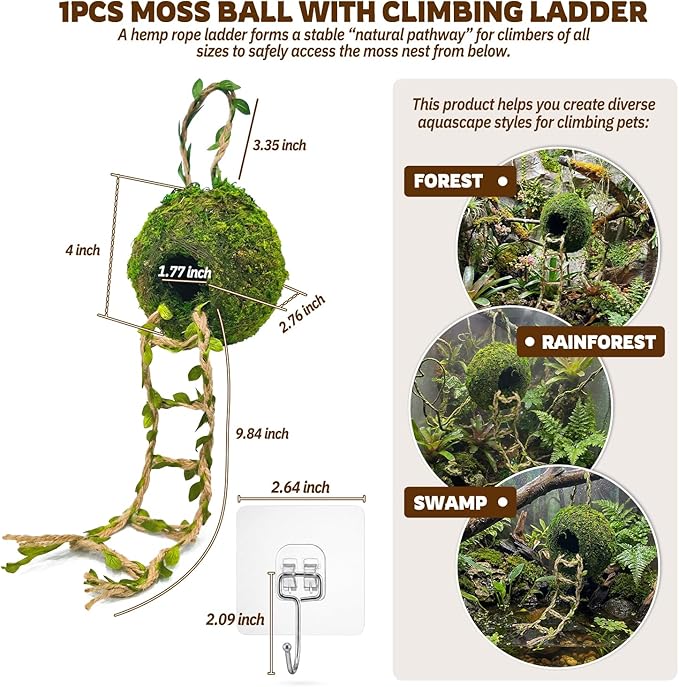 Moss Cave Hideout with Hanging Rope & Hemp Climbing Ladder – Natural Reptile Tank Decor Accessories for Crested Geckos, Chameleons, Tree Frogs, Leopard Geckos & Snakes. Terrarium & Vivarium Decor (4")