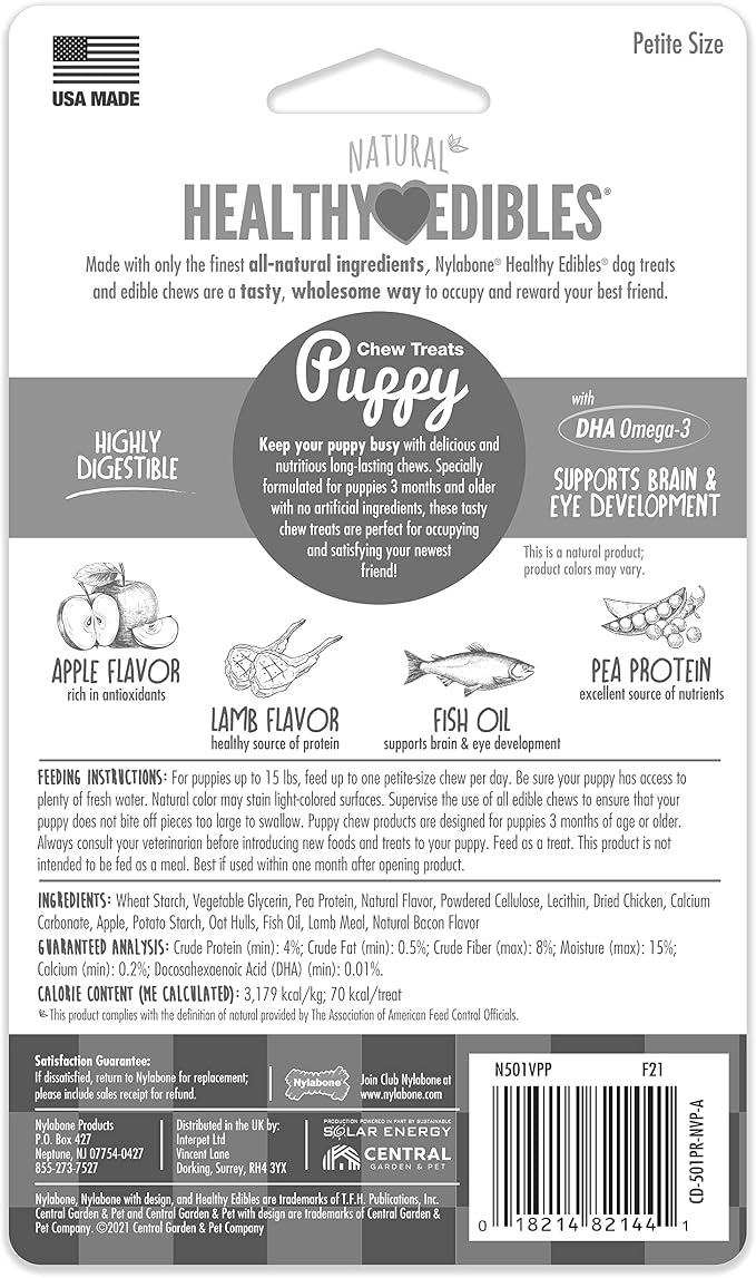 Nylabone Healthy Edibles Natural Puppy Chews Long Lasting Treats for Puppies, Lamb & Apple Dog Treats, X-Small/Petite (4 Count)