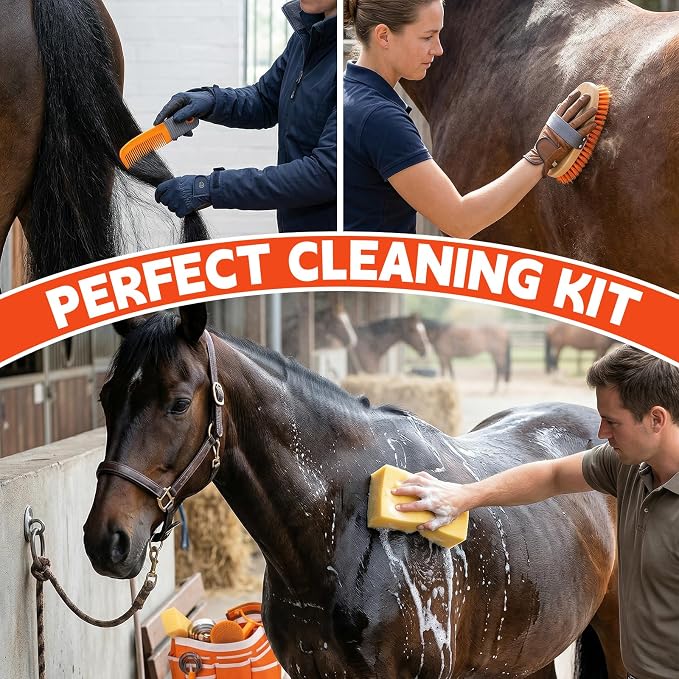 Orange Horse Grooming Kit - 12-in-1 Complete Set with Handbag, Horse Brushes, Curry Comb, Hoof Pick, Sweat Scraper, Sponge for Horse Owners and Riding Enthusiasts