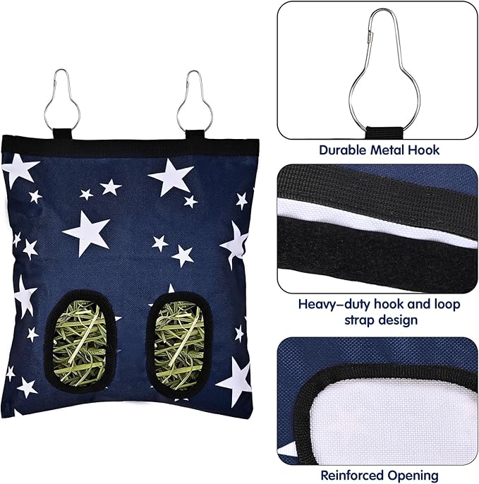 Upgraded Rabbits Hay Feeder Bag for Bunny, Guinea Pigs, Chinchillas - Hanging Washable 2-Hole Hay Dispenser with 600D Oxford Fabric, Small Animal Cage Accessories (Blue Star)