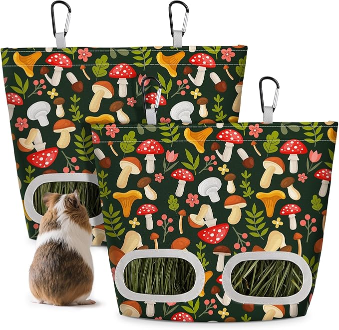 Glittme 2 Pack Guinea Pig Hay Feeder, 11.5x9 Inch Hay Bag for Rabbits, Hanging Hay Holder for Guinea Pigs Cage Hay Feeder for Bunny, Small Pets,Green Mushroom