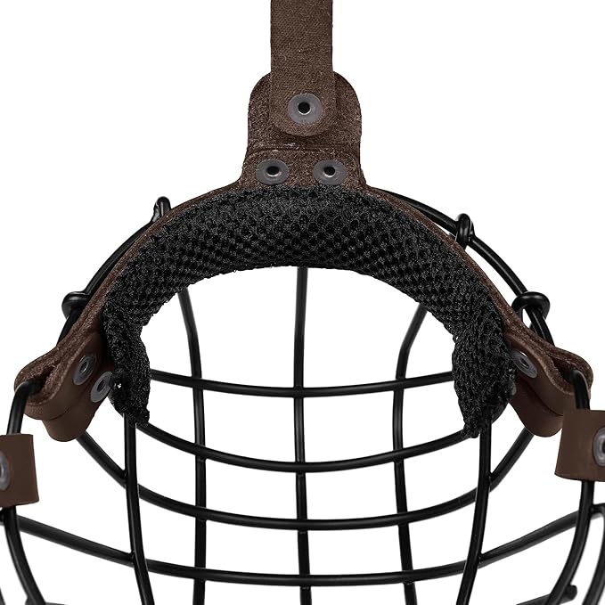 Pitbull Dog Muzzle Breathable Metal Basket for Large Dogs Amstaff Staffordshire Terrier Secure Wire Mask Adjustable Durable Leather Straps Biting Chewing Barking (Dark Brown)