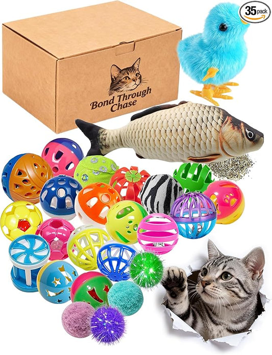 35 Pcs Cat Toys Balls Set for Indoor Cats, Interactive Kitten Toys with Jingle Balls & Catnip to Relieve Boredom, Assorted Pet Play Toys for Kitty (1.5'' - 8.3'')