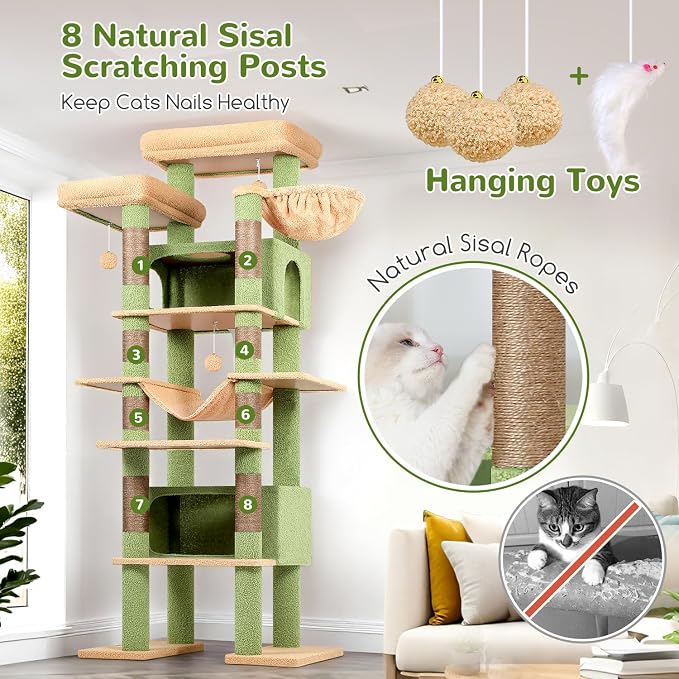 Globlazer XXL Cactus Giant Cat Tree, 83 Inch Heavy Duty Cactus Tall Cat Tower for Indoor Cats Large Adult, Multi-Level Large Cat Condo with 8 Scratching Posts, Hammock, 2 Platform, F83B, Green
