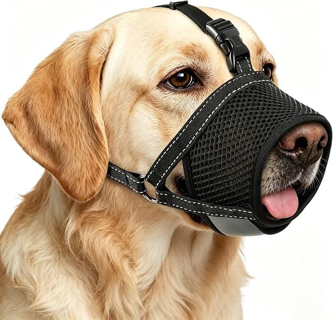 Soft Dog Muzzles for Small Medium Large Dogs, Mesh Soft Mouth Guard for Chewing and Barking Prevention, Adjustable Hook and Loop Loop with Reflective Strap for Grooming, Vet Visits & Walks (Black, XL)