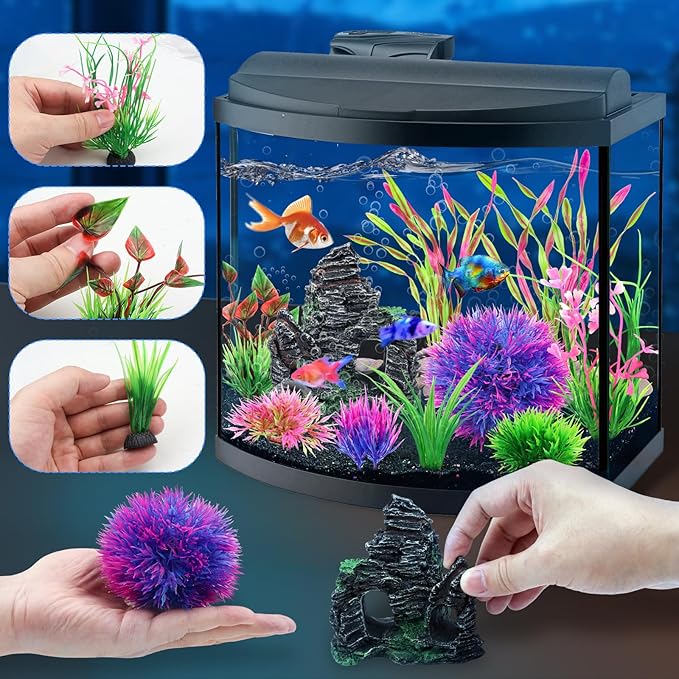 QUOZUO 10pcs Aquarium Artificial Plastic Plants Decorations and Rock Cave Decor Set, Fish Tank Accessories Small Large Fish Bowl Ornaments Set