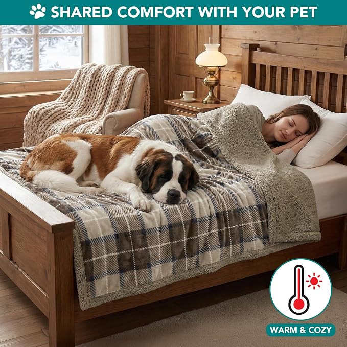 PetAmi Dog Blanket for Small Medium Dogs and Cats, Soft Sherpa Fleece Pet Blanket Throw for Puppies Kittens, Reversible Plush Couch Cover Protector Sofa Bed Crate, Machine Washable, 60x40, Plaid Taupe