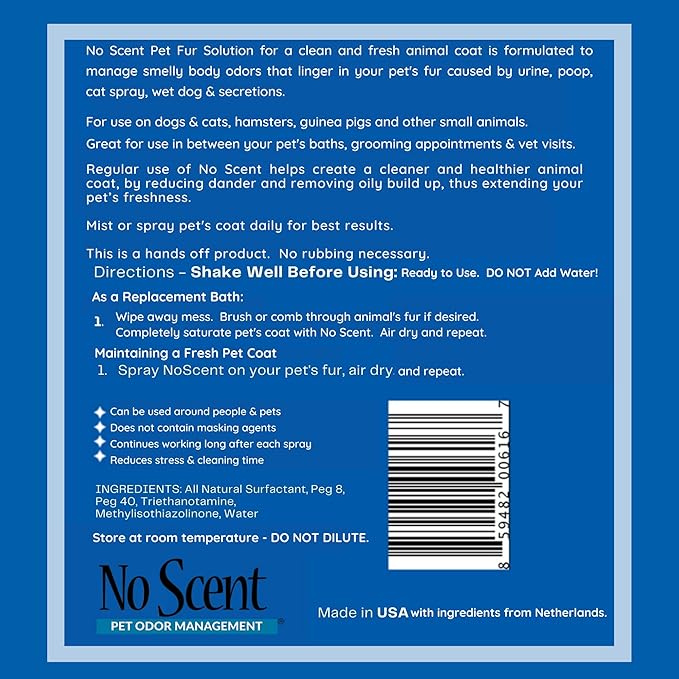 No Scent Pet Fur - Professional Dog & Cat Grooming Odor Eliminator & Coat Cleaner Between Bath Spray - Safe Natural Fast Microencapsulating Smell Remover and Fur Freshener for All Pets (32 oz)