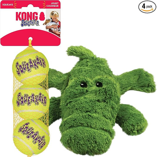 KONG Cozie Ali Alligator & SqueakAir Balls (3 Pack) - Dog Fetch & Chew Toys for Fun - Soft Toy Alligator for Indoor Play - Durable Dog Toy Balls for Outdoor Play - for Medium Dogs