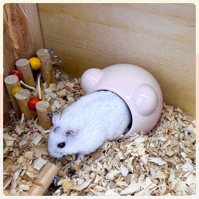 Ceramic Hamster House, Cute Animal Shaped Hamster Cave, Summer Cool Small Animal Hideout Habitat Decor for Dwarf Hamsters (Pink)