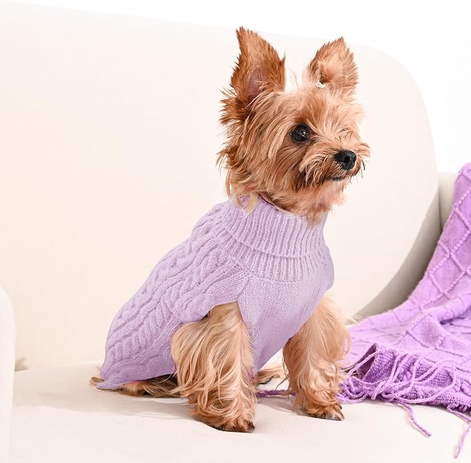 Dog Sweater 2 Pack for Small Dogs, Size S, Pink & Purple | Stretchy cable knit turtleneck, machine washable, high belly cut, comfy winter fit for Chihuahua, Maltese