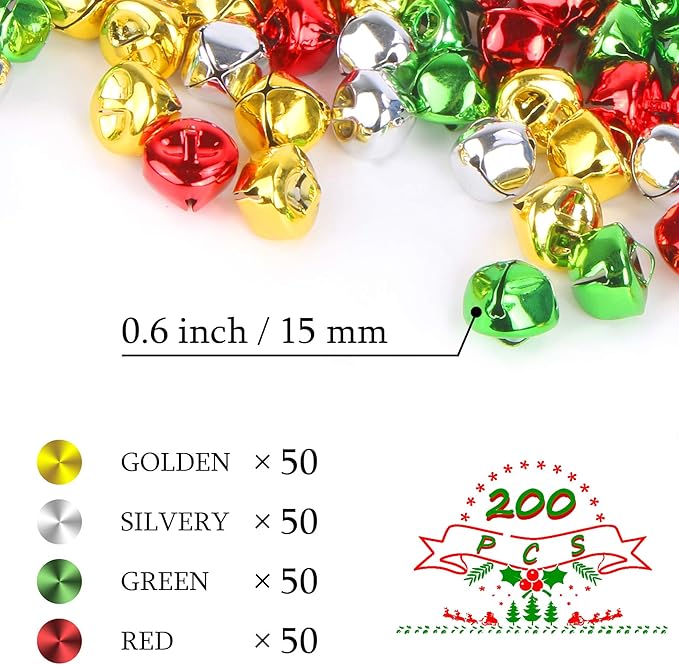 Augshy 200 Pieces Jingle Bells 3/5Inch Craft Bell Bulk for Christmas Home and Pet Decorations Xmas Decor Party Favors Supplies (Red Green Gold Silver)