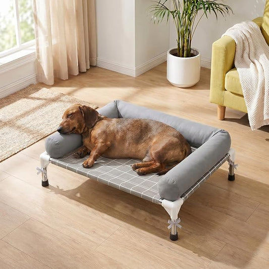 Elevated Dog Bed with 3 Sided Bolster - 20"x26" Raised Pet Cot for Small Dogs, Stainless Steel Frame Portable Dog Sofa for Indoor, Outdoor, Camping and Patio