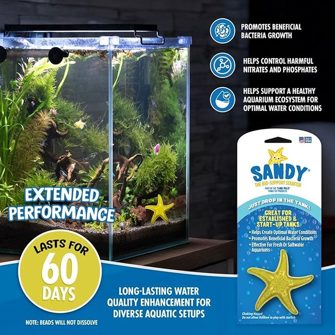 Sandy The Bio-Support Starfish - 6 Pack, Yellow- Promotes A Healthy Balanced Aquarium Ecosystem, Probiotic Growth, Tank Environment Control