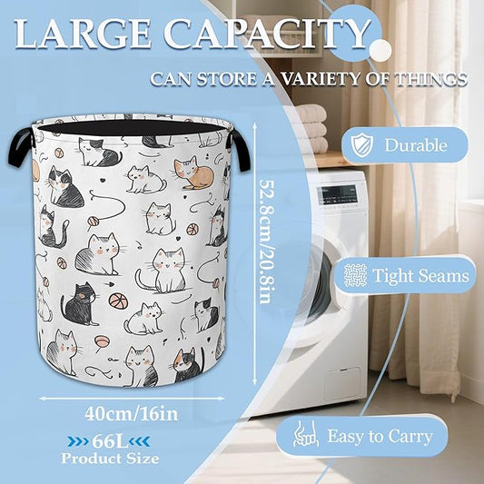 Cartoon Cat Laundry Basket Collapsible Laundry Hamper Oxford Storage Bin for Clothes Storage, Toy Organizer, Books and Sundries 16" X 20.8"