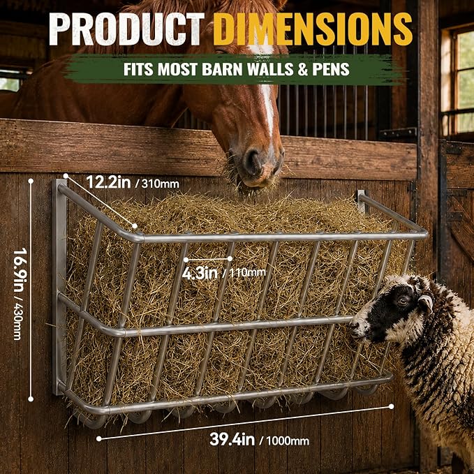 25 Gallon Wall Mount Hay Feeder, Metal Hay Rack for Goats and Horses | Galvanized steel, livestock feeding rack, barn stall feed holder, space-saving, rounded edges, easy install