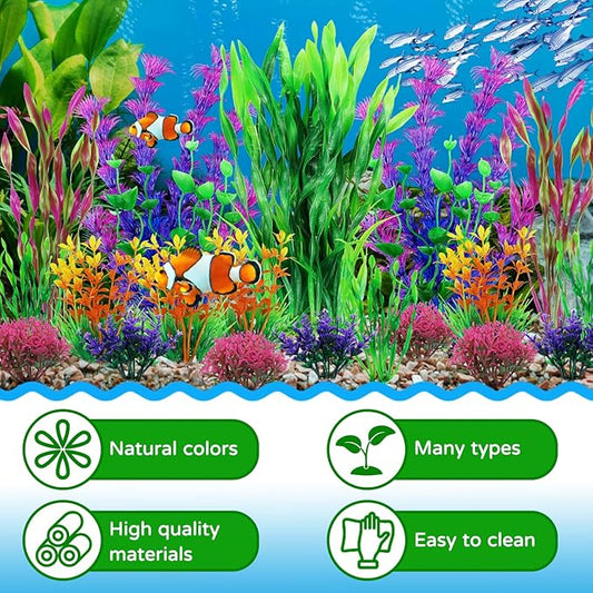 QUOZUO Fish Tank Decorations Plants, 20pcs Aquarium Decorations Plants Plastic, Fish Tank Accessories, Fish Cave and Hideout Ornaments, Aquarium Decor