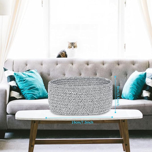 【2 Pack】ABenkle Small Woven Baskets, Tiny Oval Shallow Storage Baskets, Mini Cotton Rope Empty Decorative Basket, Boho Little Organizer Bins for Bathroom, Cat Dog Toy Gifts Baskets