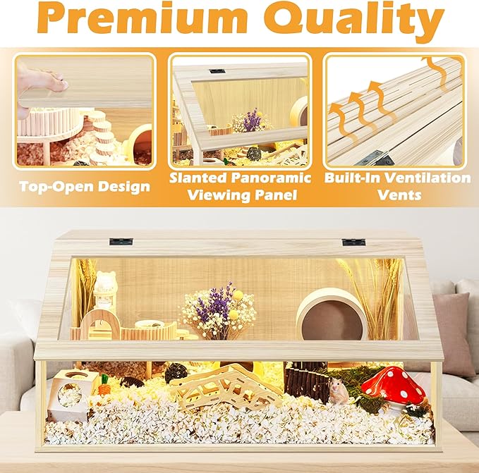 PROLEE Hamster Cage Chewproof, 40" x 20" x 20" Sloped Mice and Rat Habitat with Clear View, Solid Built with Lockable Design and Openable Top (Oak)