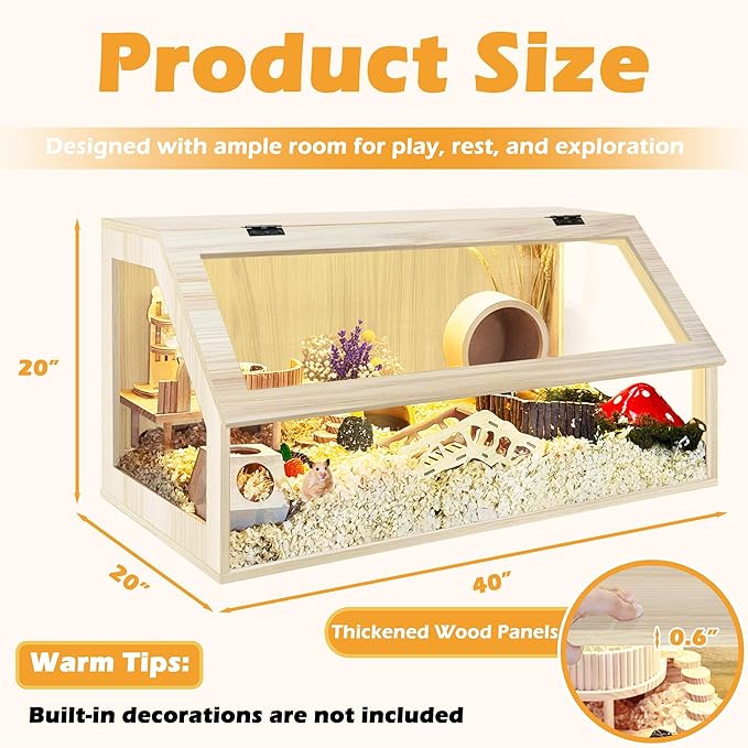 PROLEE Hamster Cage Chewproof, 40" x 20" x 20" Sloped Mice and Rat Habitat with Clear View, Solid Built with Lockable Design and Openable Top (Oak)