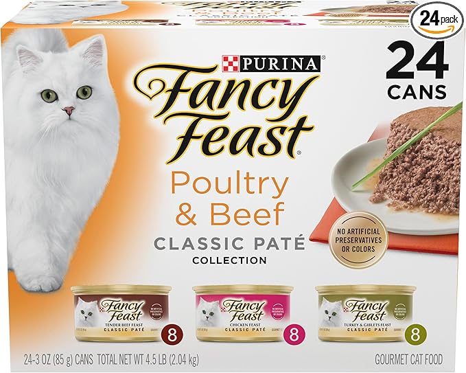 Fancy Feast Poultry and Beef Feast Classic Pate Collection Grain Free Wet Cat Food Variety Pack - (Pack of 24) 3 oz. Cans