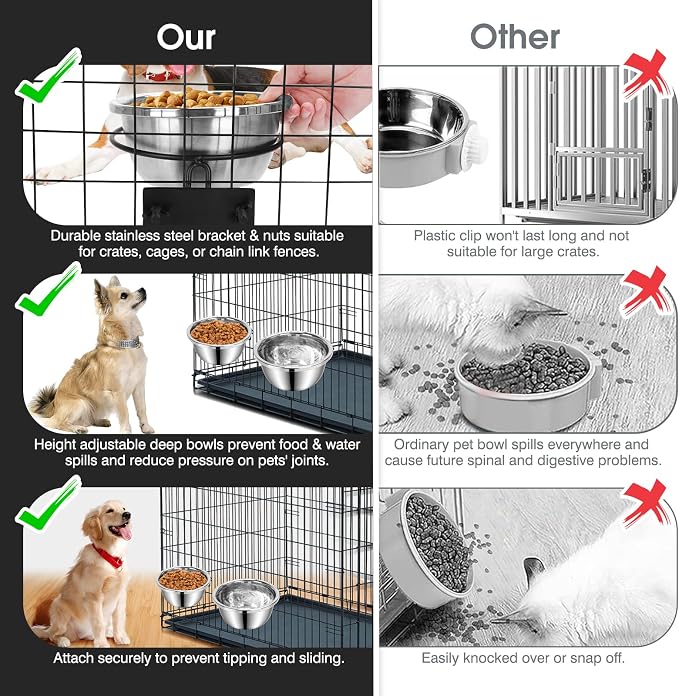 Dog Crate Bowls Hanging No Spill, 2 Pack Crate Water Bowl Kennel Food Bowl | Mountable 47oz & 56oz Stainless Steel Dog Bowls Water Dispenser Set, Metal Feeder Dish Cage Accessories for Large Medium Pet