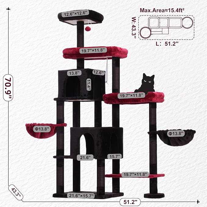 Hey-brother Cat Tree Tower, Scratching Posts with a Extended Part, Wide Platforms, Cozy Condos, Hammocks, Sisal Columns and Ball for Indoor Cats, 70.1 Inches, Black and Red MPJ038BR