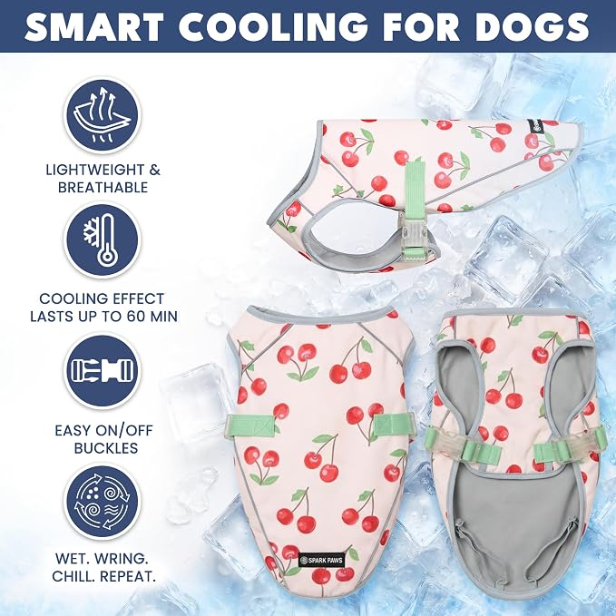 Spark Paws Dog Cooling Vest - SPF 50 UV Sun Protection - Summer Heat Relief Gear for Dogs, Lightweight, Evaporative Cooling - Dog Anxiety Relief Vest During Hot Days - Cherries - Size 2XL