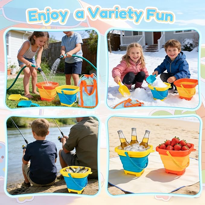 Beach Sand Toys with 2-Pack Collapsible Buckets & Shovels for Kids | Foldable Pail Bucket with Shovels & Mesh Bag, Large capacity, Potable for Shell Collecting Castle Building Summer Travel