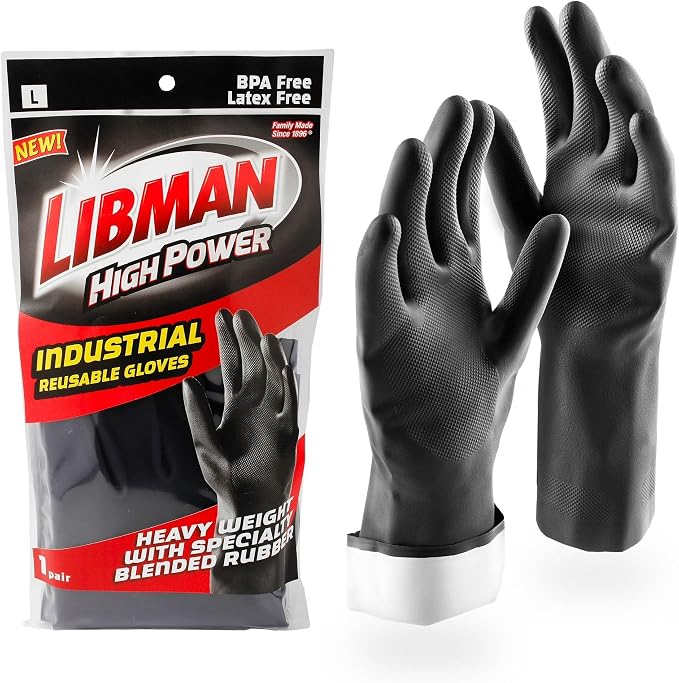 Tribello LIBMAN Heavy Duty Black Rubber Gloves - Chemical Resistant Glove - Reusable Mechanics Grip Gloves - Industrial, Cleaning, Dishwashing