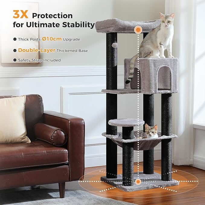 MUTTROS Large Cat Tree with Reinforced Scratching Posts (φ3.7in) for Big Adult Cats 30 lbs, 57.8" Heavy Duty Cat Tower with Larger Hammock and Condo, Cat Furniture for Maine Coon, Plush,Black