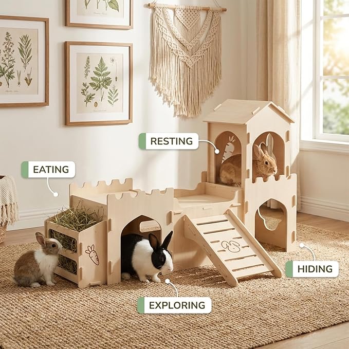 Wooden Rabbit House Extra Large 2-Level Bunny Hideout for Indoor Pets, Castle with Feeder & Stair