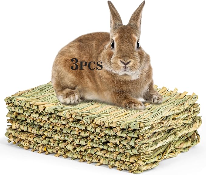 Sukh 3PCS Natural Rabbit Grass Mats - Hand Woven Hay Cage Bed Mat, Pet Cooling Sleeping Nest & Chew Toys for Bunny Hamster Chinchilla Guinea Pig Mouse Bird Small Animals