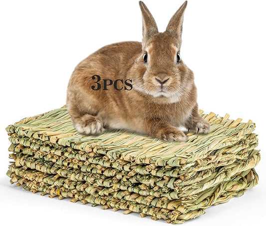 Sukh 3PCS Natural Rabbit Grass Mats - Hand Woven Hay Cage Bed Mat, Pet Cooling Sleeping Nest & Chew Toys for Bunny Hamster Chinchilla Guinea Pig Mouse Bird Small Animals